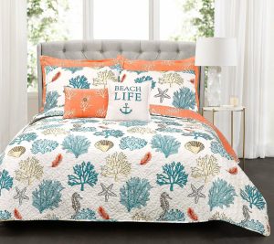 Bedspreads & Sets |   Coastal Reef Blue/Coral 7-Piece Fl/Qn Quilt Setby Bedspreads & Sets Bedspreads & Sets