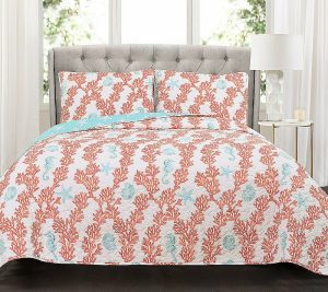 Bedspreads & Sets |   Dina Coral 3-Piece King Blue/Coral Quilt Set Bylush Decor Bedspreads & Sets Bedspreads & Sets