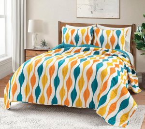 Bedspreads & Sets |   Mid-Century Geo Quilt Turq/Orange 3-Pc Set Kingby Bedspreads & Sets Bedspreads & Sets