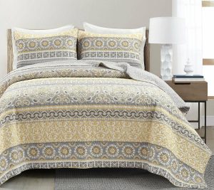 Bedspreads & Sets |   Nesco Stripe Reversible Cotton Quilt Yellow/Gray 3Pc Set F/Q Bedspreads & Sets Bedspreads & Sets